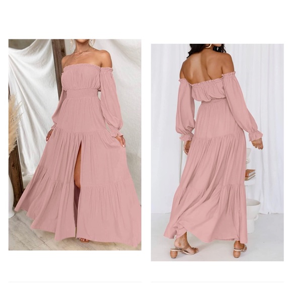 Off Shoulder Long Sleeve Smocked High Waist Side Split Flowy Long Maxi Dress - Picture 2 of 5